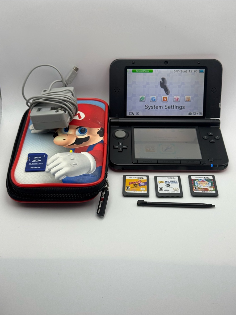 Nintendo 3DS XL Red, Tested Working with Stylus, Charger, Games, Case, & SD Card